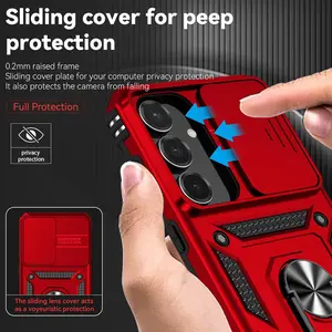 Compatible with Samsung Galaxy S23 FE 5G Case with HD Screen Protector & Slide Camera Cover & Rotated Ring Kickstand, [Military-Grade] Phone Case for Galaxy S25 FE (Red)
