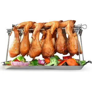 Chicken  Rack for Grill with Drip Tray Chicken Wing Rack- Easy to Use 12 Slots -  Stainless Steel Chicken Drumstick Rack for  - Chicken Drumstick Holder for Grill Accessories