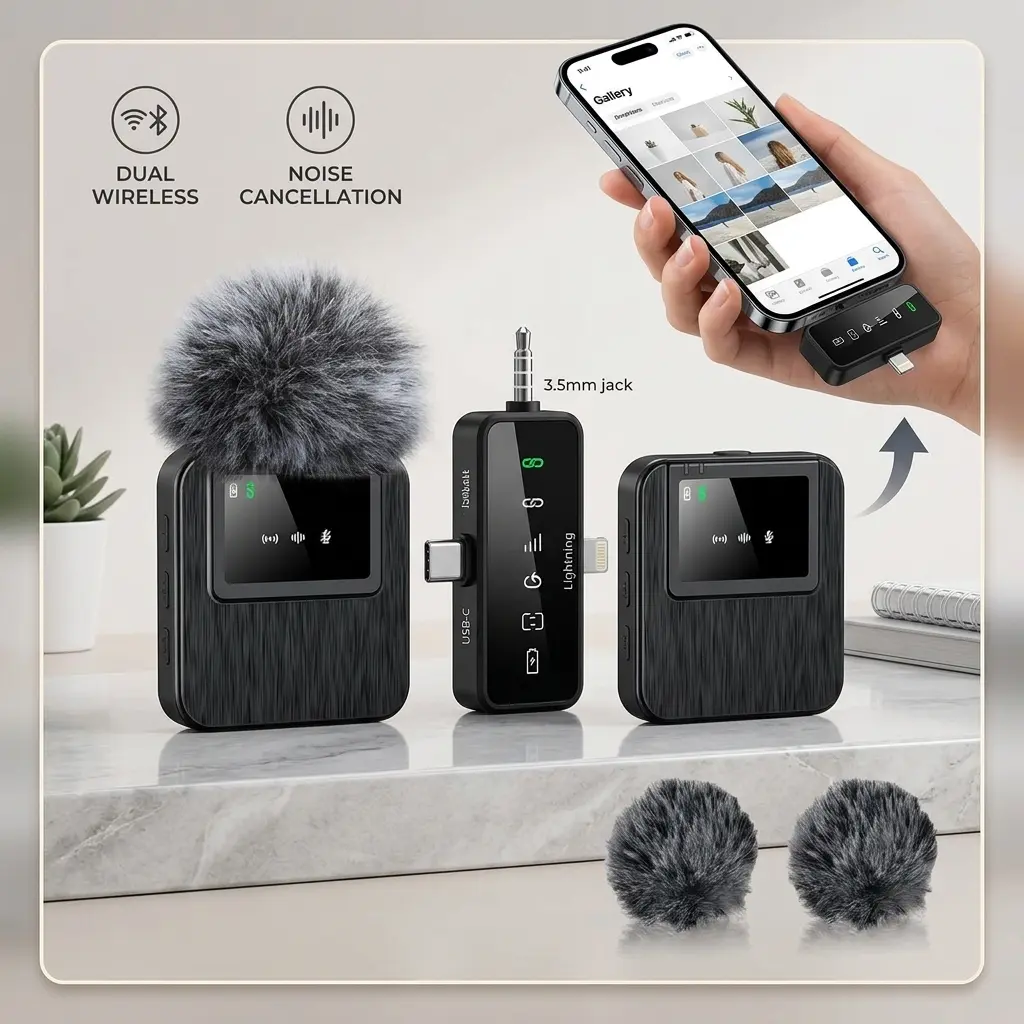 3-in-1 Cross-Device Wireless Lapel Mic with Noise Reduction, 328FT Range 20H Battery High Fidelity Recording for TikTok Vlogs Interviews