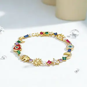 Zengliu 14K Gold Plated Charm Bracelet for Women - Evil Eye, Lucky Elephant & Moon Star Colorful Zircon Link Bracelet, Boho Jewelry Gift for Her