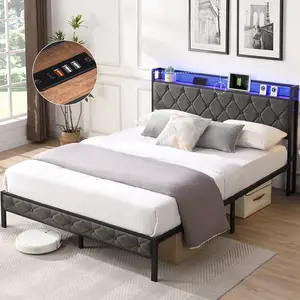 King/Queen/Full Bed Frame with Storage Headboard, with Charging Station and Storage, LED Lights, Upholstered Platform Bed - Dark Gray