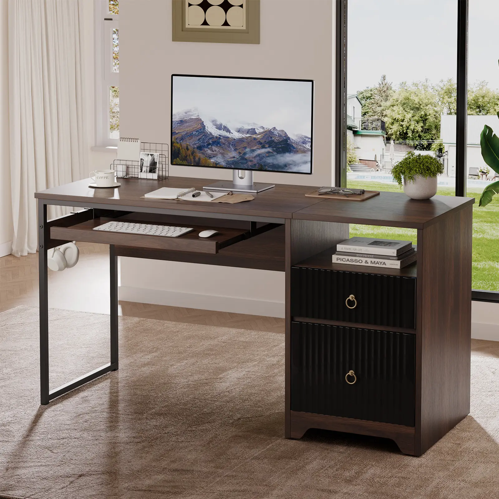 55" Reversible Computer Desk with Drawers & Keyboard Tray, Home Office Workstation with Open Shelves