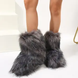 Women's Furry Plush Snow Boots Mid Calf Snow Boots Suede Warm Plush Lined Booties Flat Fashion Boots Lightweight Indoor Outdoor Shoes