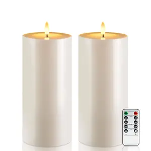 2Pcs 4'' X 10'' Large Waterproof Outdoor Flameless Candle, Battery Operated LED Candles with Remote Control and Timer, Electric Fake Plastic Pillar Candles, Ivory