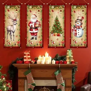4pcs Christmas Hanging Banners Set, Polyester Holiday Door & Wall Flags Ornaments, Santa Snowman Reindeer Tree Design, Indoor & Outdoor Use