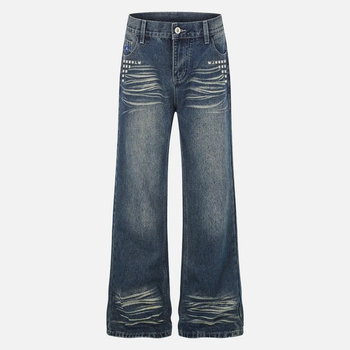 Aelfric Eden Washed Studded Wide Leg Jeans Vintage Washed Finish Side Silver Stud Embellishments Oversized Wide Leg Fit Heavyweight Denim Fabric Unisex Streetwear Jeans