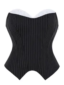 Black White Pinstripe Lace Strapless Corset Top Boned Bustier Side Zipper Crop Top Underwear Womenswear Y2K Going Out Outfit Statement Elegance for Party Club Festival Date Night Boned Shapewear Striped