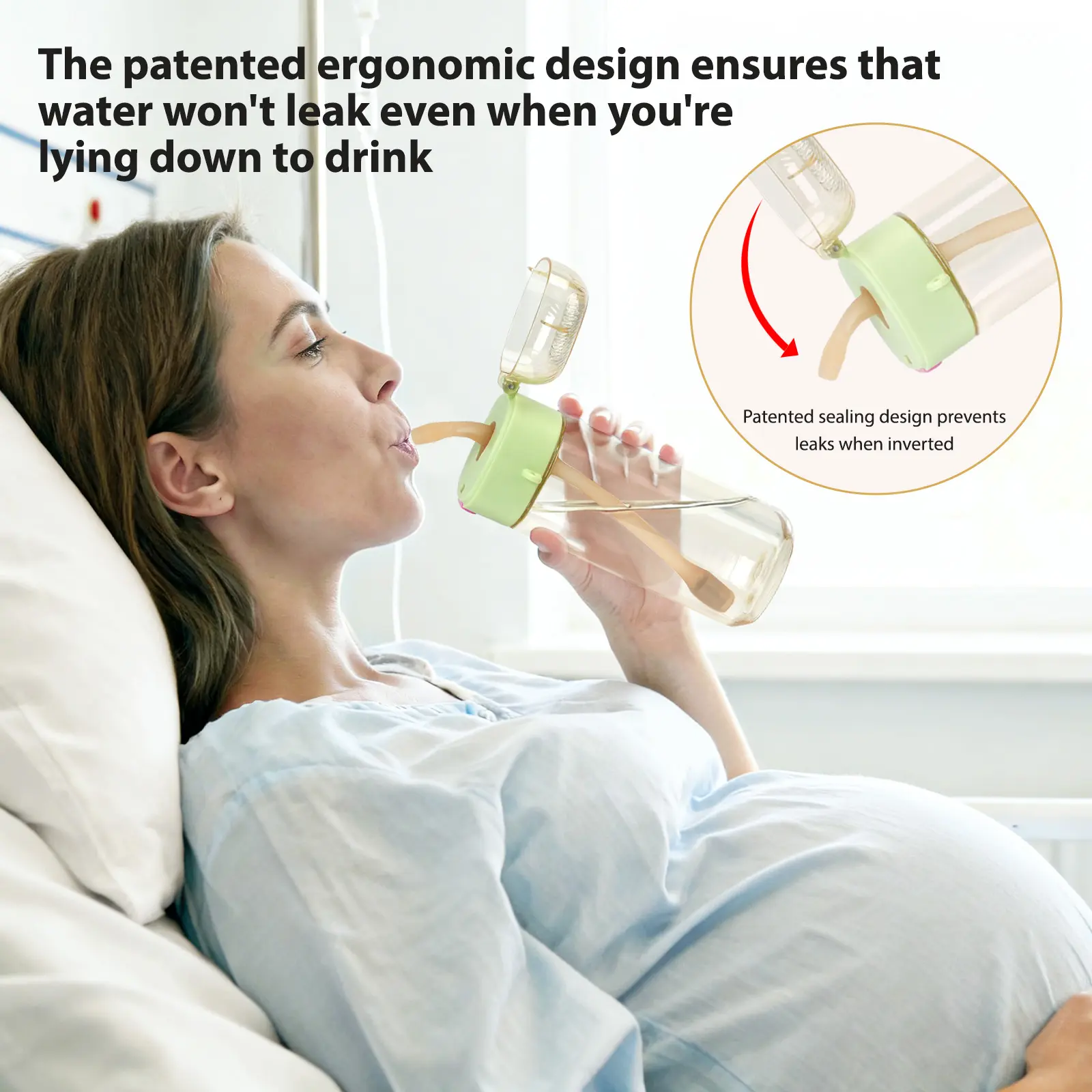 PPSU Pregnancy & Postpartum Water Bottle 17oz, Heat-Resistant 180°C, Patented Leak-Proof for Lying Down, Silicone Suction Port, Nausea Relief Hydration, New Mom Hospital Bag Essential, Great for Bedridden Patients or Outdoor Travel