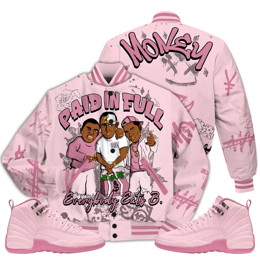 12 Pearl Pink Varsity Jacket, Pearl Pink 12s Letterman Jackets, Money Paid In Full B Drip T-Shirt To Match Sneaker Outfit Fabric Knit Womenswear Athletic
