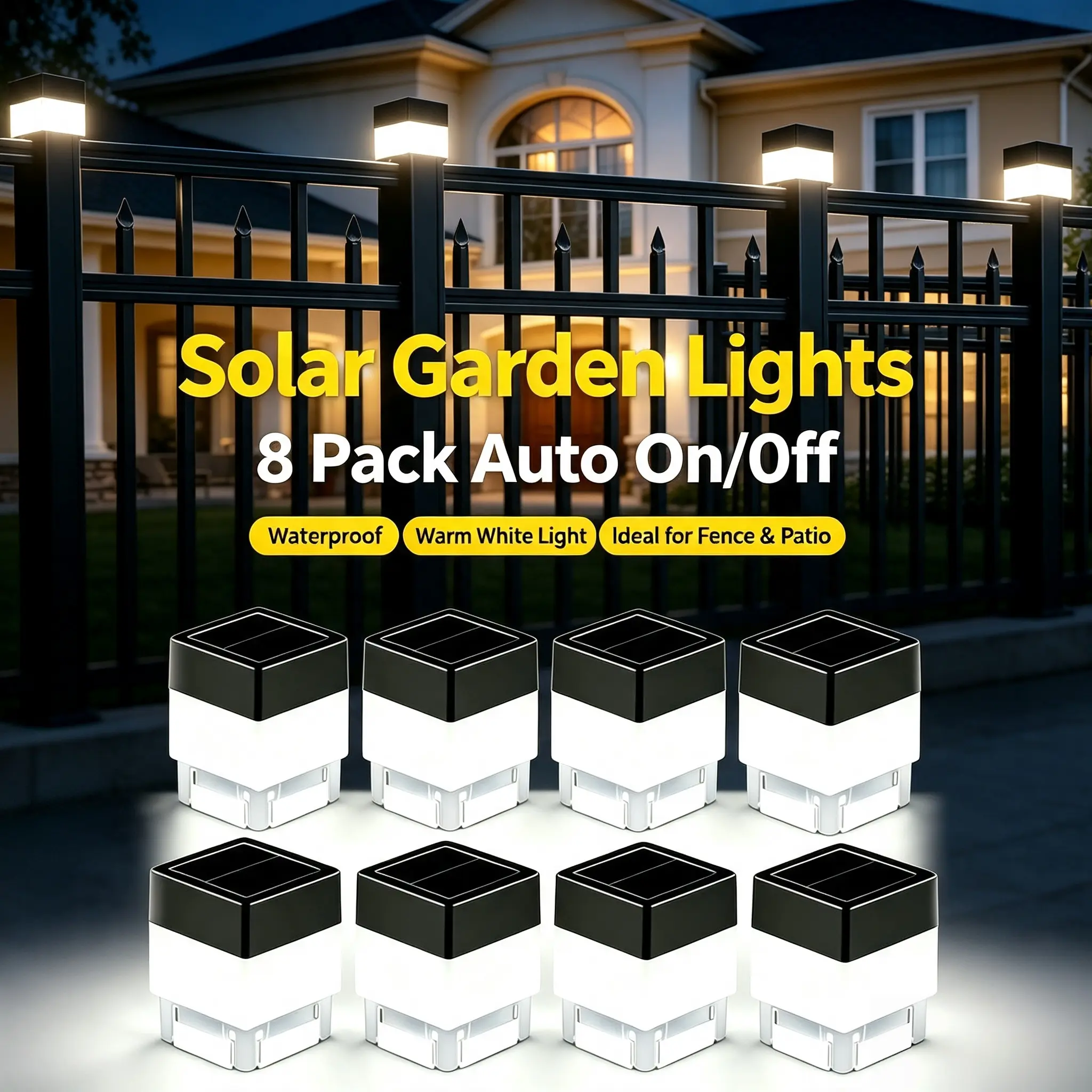 Solar Fence Post Cap LED Lights, 2x2 Inch(5x5cm) Dual-Color White & Warm White, IP65 Waterproof Auto On/Off Set Packs for Wrought Iron & Aluminum Fence, Home Improvement Garden Yard Decor