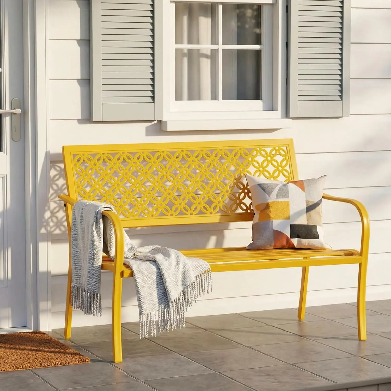 ONBRILL Modern Ergonomic Iron Garden Bench - Galvanized Metal Frame, Floral Backrest, Adjustable Ft, Yellow, Easy Setup - Home Outdoor Furniture for Patio, Lawn