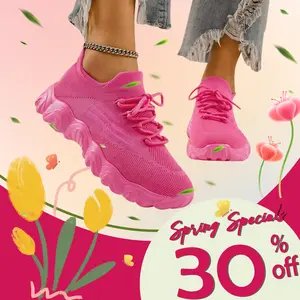 STUNAHOME Women's Summer Lace Up Low Top Casual Sneakers, Solid Color, Comfortable Ankle Socks, Knitted Sports Running Shoes Runner Footwear Athletic Fit Pink Closed Trainer Training