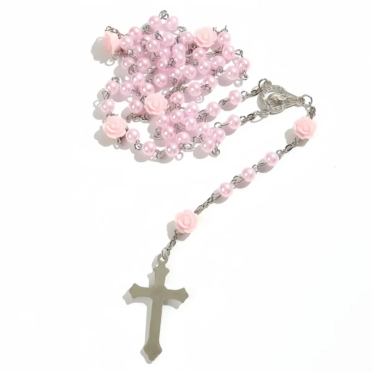 Cross Necklace for Women, Handmade Glass Pearl Rosary with Rose Beads, Modern Bead Necklace with Silver Crucifix Pendant for Prayer - 21 in, Cross Necklace Women