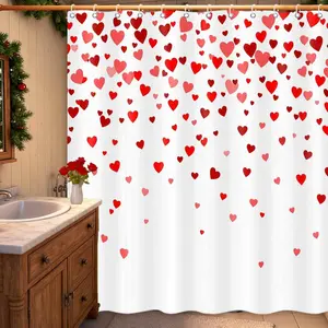 Valentine's Day Shower Curtain, Valentines Falling Red Hearts Fabric Shower Curtains for Bathroom, Cute Bathtub Waterproof Machine Washable Home Decorative 72 X 72 Inch