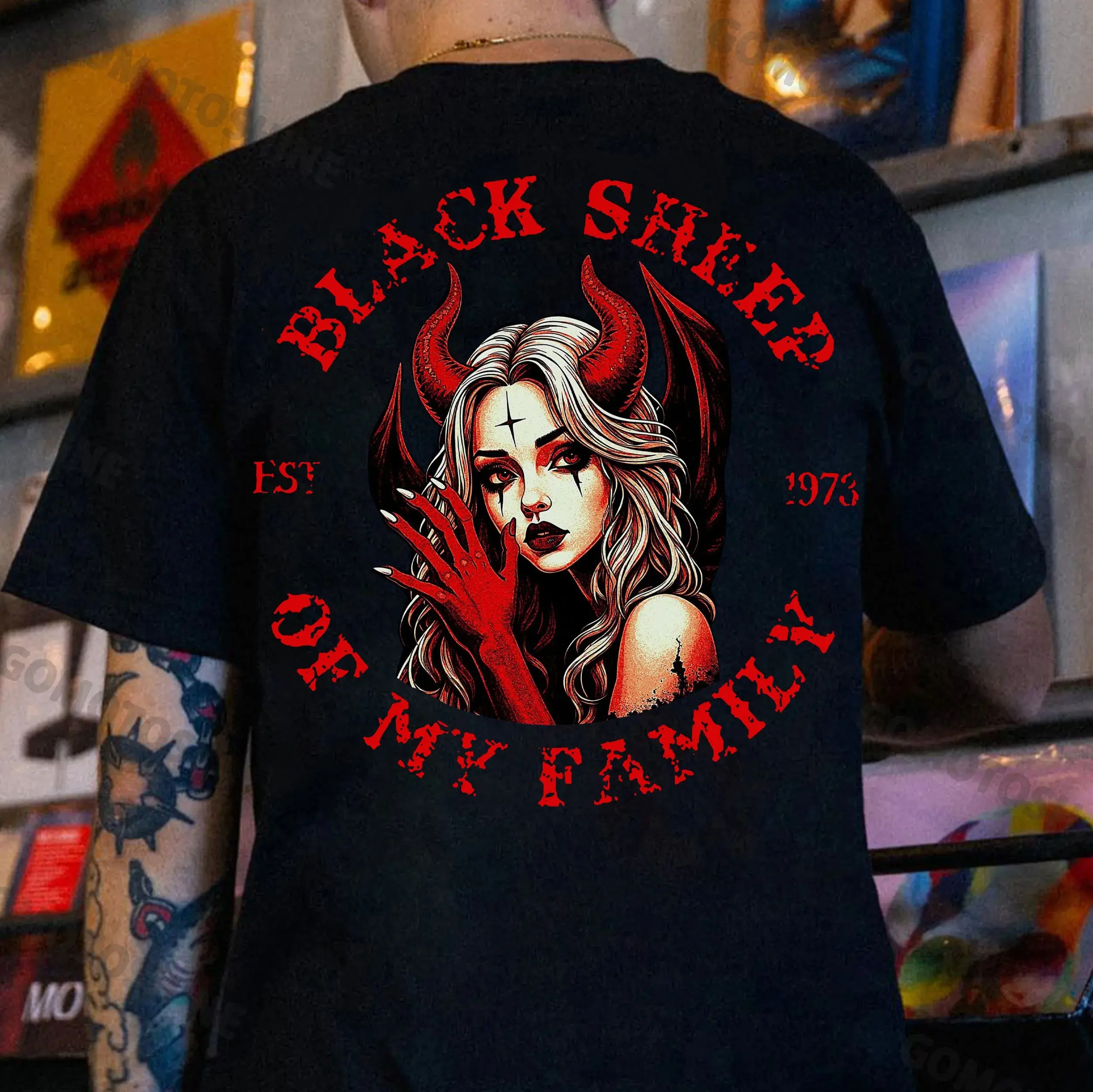 Gildan Men's Graphic T-Shirt, Devil Girl "Black Sheep" Print, 100% Heavy Cotton Streetwear, Classic Fit Short Sleeve, Valentines Day Gift, Shortsleeve, Menswear, Graphic T Shirts, Childrens Day, Contrast Lace, Bow Detail, All Seasons, Round Neck, Tshirt,,