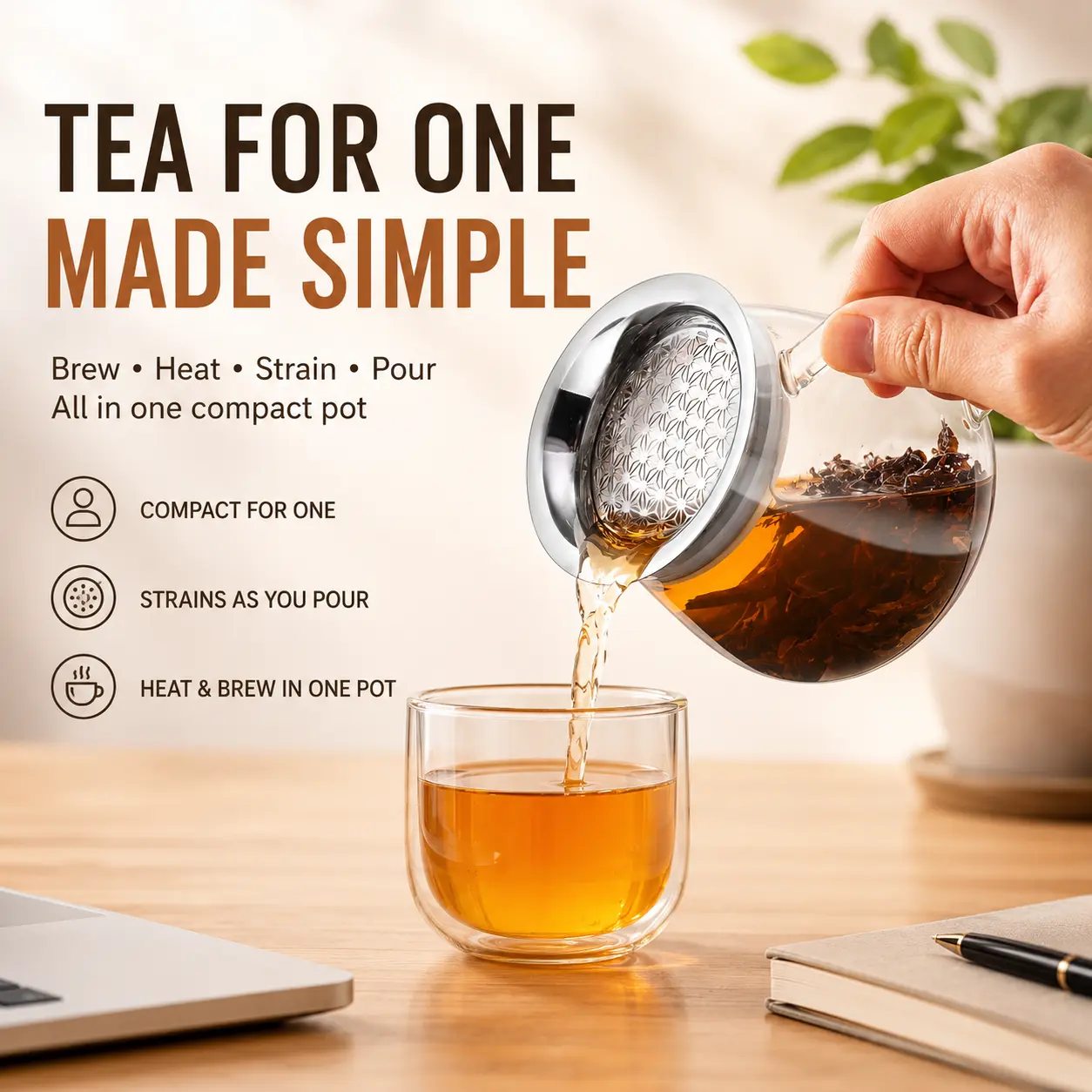 Heat-Resistant Stovetop-Safe Glass Teapot with Built-In Strainer-Lidded Design, 0-500 ml Easy-Pour Anti-Scalding 0-Dregs Loose Leaf Personal Brewer for Office Desk Setup Minimalist Teaware
