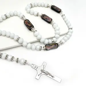 Crystal Beads Catholic Rosary Crucifix Necklace, Our Lady of Gudalupe (White) Collar Crucifijo Rosario Católico Cuentas de Nuestra senora de Gualdalupe (Blanco)