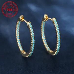 [Sterling Silver Turquoise Stone Earrings] A Pair Of Silvery Hoop 925 Sterling Silver Earrings With Blue Turquoise Stone Decoration Bohemian Style Jewelry Ladies Gift earrings for women earring stack magnetic earrings non tarnish jewelry ear cuffs