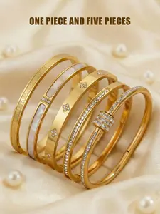 5-Piece High-Quality Stainless Steel Bracelet Set, Embellished with Sparkling Zirconia, Matching Bracelets, Elegant Wearable Jewelry for All Seasons