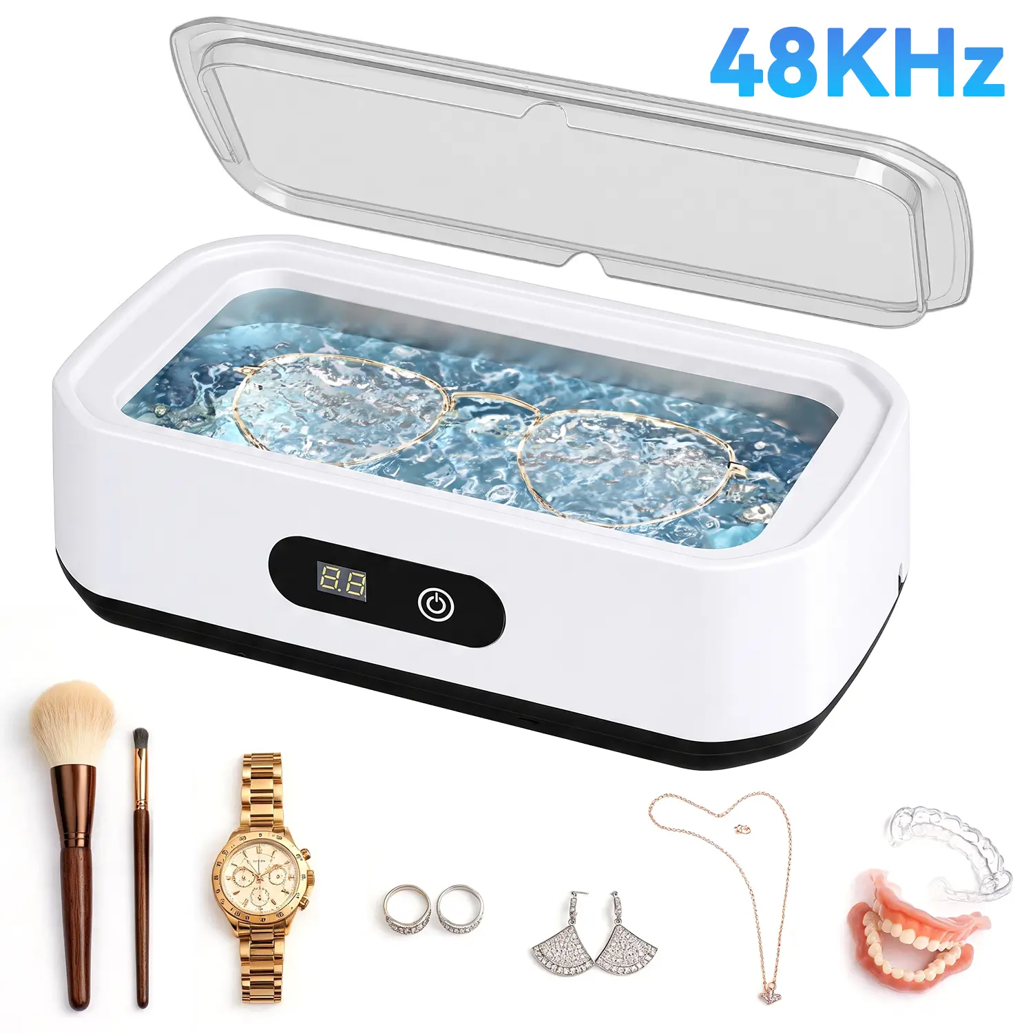 Ultrasonic Cleaner Machine 48KHz Deep Clean for Jewelry, Eyeglasses, Watch Bands, Dentures, Retainers & Makeup Brushes, Portable 304 Stainless Steel Tank Sonic Cleaner for Home & Travel Use