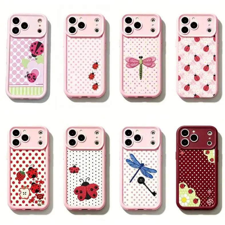 Kawaii Cottagecore Pink Ladybug Soft TPU Phone Case Shockproof Anti Drop Protective Cover For 13 14 15 16 17 Pro Max Series