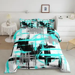 Feelyou Queen Size Teal-Grey-Black Abstract Striped Geometric Comforter Set - Breathable Microfiber Soft Bedding Set, Microfiber Bedding Set