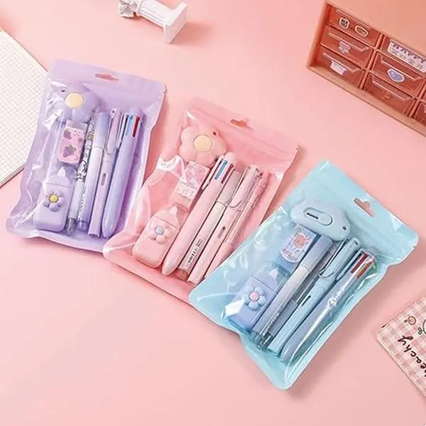 7-Pack Kawaii Pastel Stationery Set, Cute Floral Design School Kit with Multi-Color Pens, Eraser & Cutter, Aesthetic School Supplies, Back to School Essentials, Birthday Gift for Girls, Teens & Students