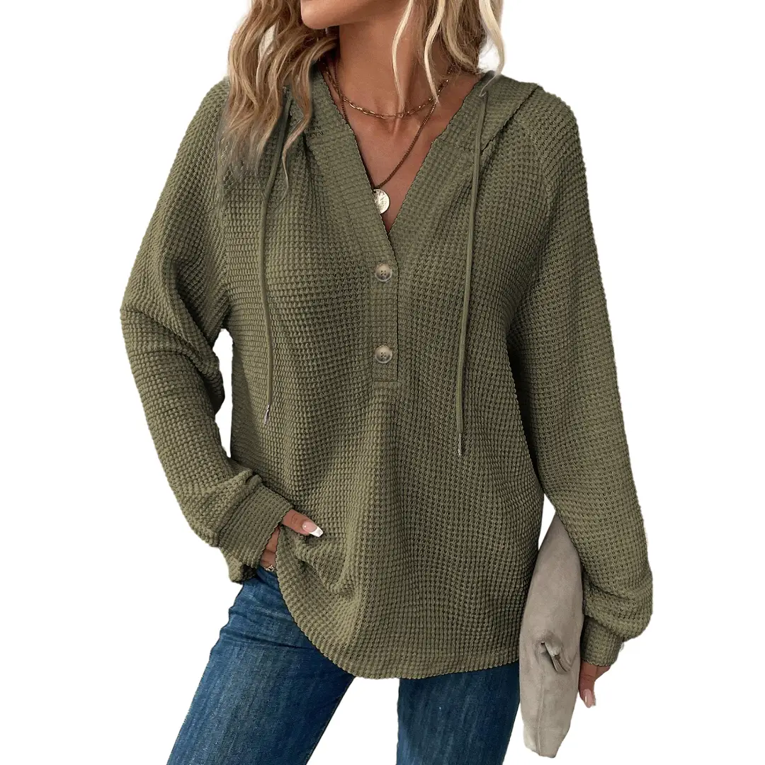 Dokotoo Hoodies for Women Waffle Knit Long Sleeve Drawstring Button V Neck Casual Pullover Sweatshirt Hooded Tops
