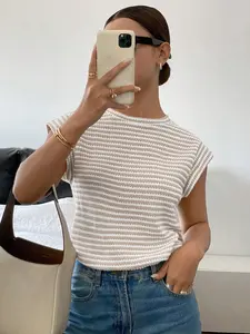 Women's Striped Print Round Neck Sweater, Lady Elegant Classy Casual Minimalist Cap Sleeve Knit Top for Summer, Fashion Women's Lightweight Knitwear for Daily Wear, Womenswear, Knitting