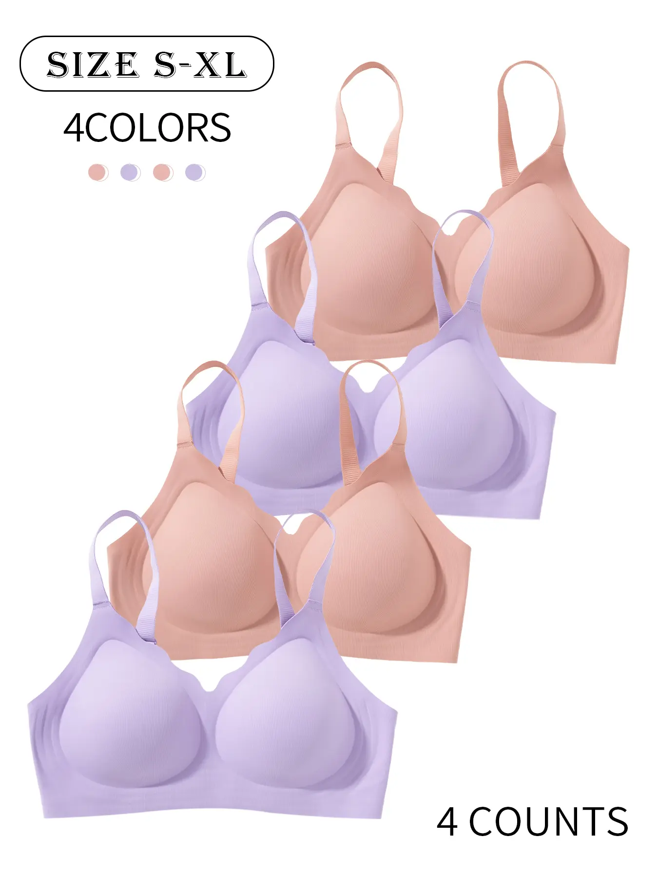 4 Pack / 5 colors, Jelly seamless bras, seamless jelly women's underwear bra Four-row three-hook adjustable straps With underwire support, XS-XL Comfortable, skin-friendly, soft Daily casual sports seamless padded bra
