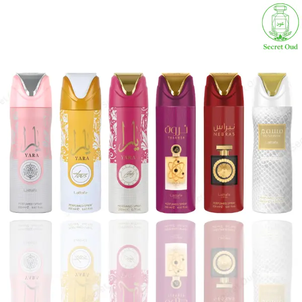 Yara Deodorant + Yara Tous Deodorant + Yara Candy Deodorant + Tharwah Gold Deodorant + Nebras Deodorant + Musamam Deodorant -- 6 Piece Bundle