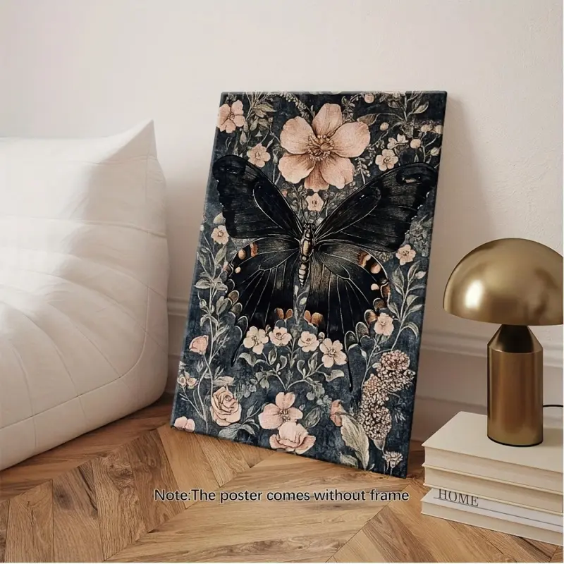 2D Victorian and Modern Style Black Butterfly Tapestry Wall Decor - Elegant Framed Canvas Poster, Suitable for Bedroom, Office
