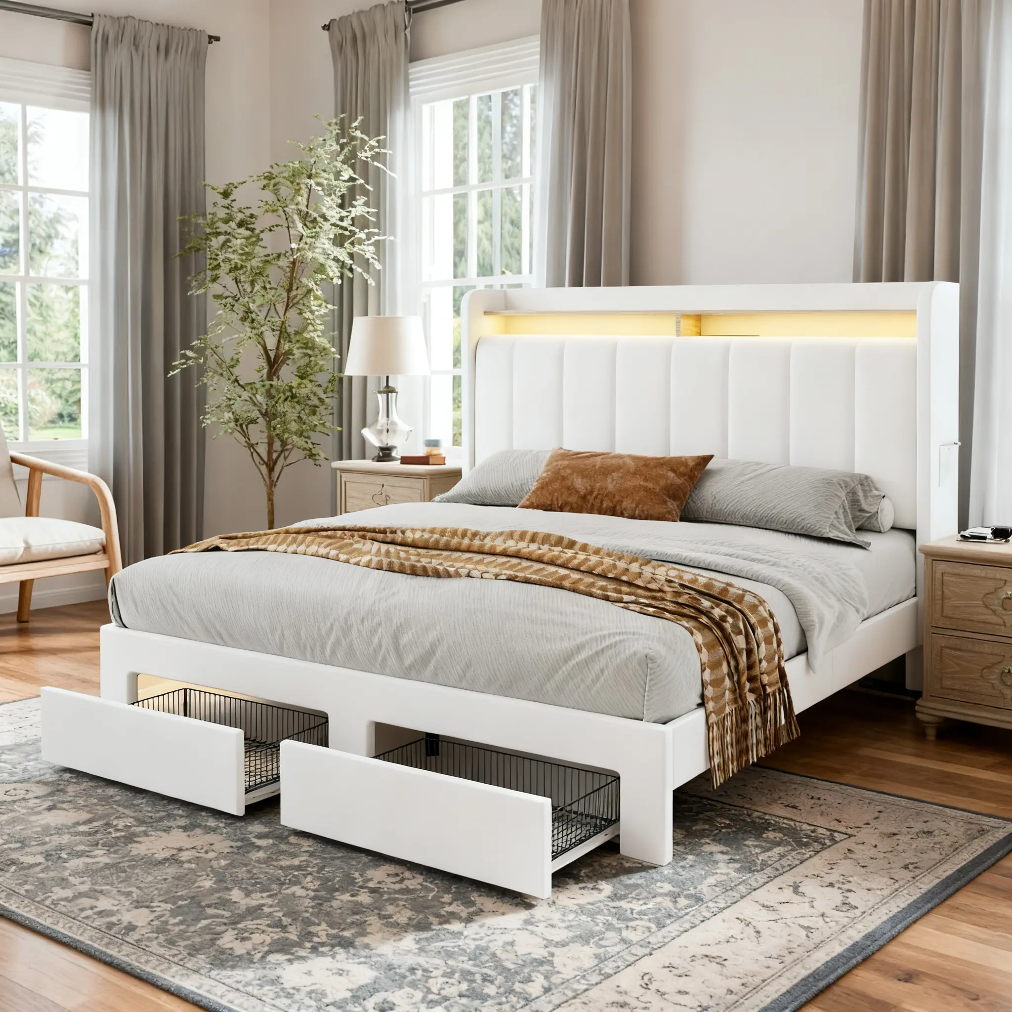 HOOMIC Dutch Velvet Upholstered Platform Bed Frame【Frame Only No Mattress】with Double Shelf Headboard (USB Outlets & LED Lights),2 Footboard Drawers,White/Dark Grey/Beige/Black/Light Grey,Full/Queen/King,No Box Spring Needed#SummerVibes
