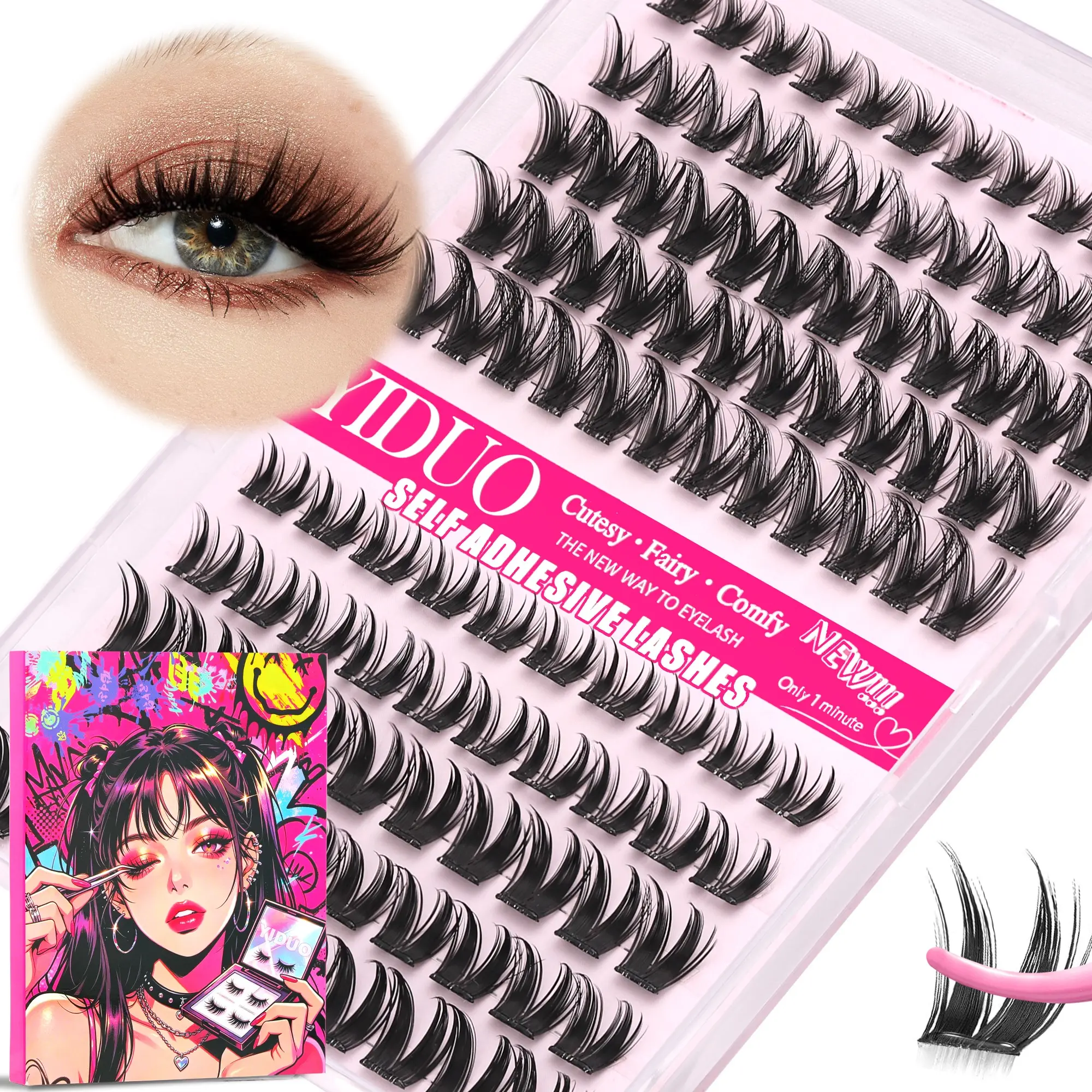 YIDUO Bunny Self-Adhesive Lash Clusters 10-16mm D Curl, 2 Styles Bunny & Wispy Self Adhesive Lash, Pre-Glued No Glue Needed, DIY Eyelashes Clusters, Easy 1-Minute DIY Eyelash Extensions Gift Pack