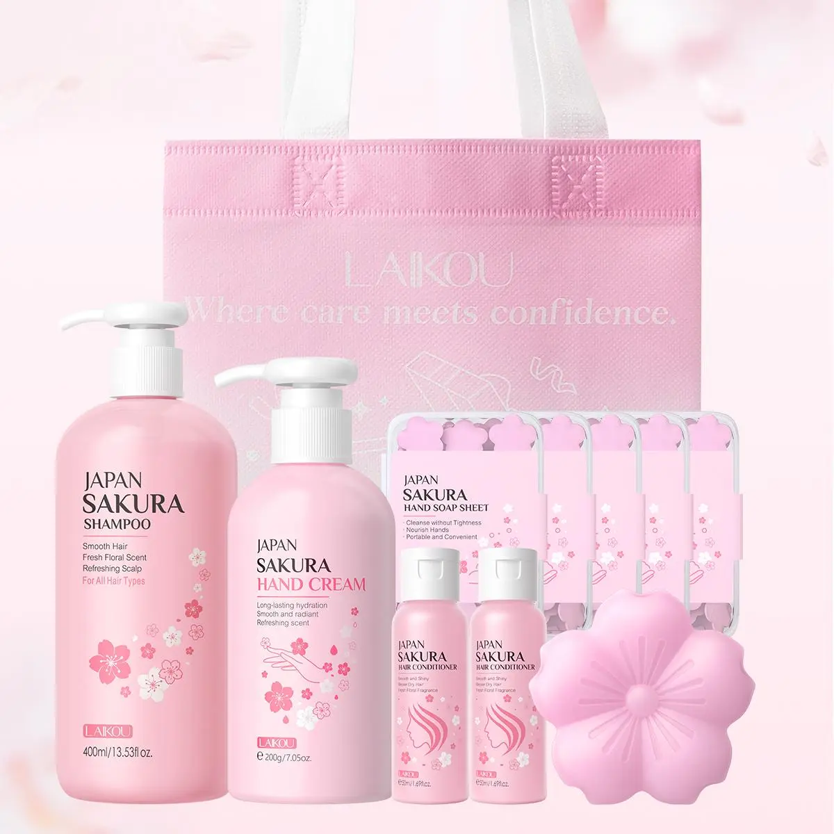 Baby Pink Sakura Fragrance Scent Hair Care Set, Shampoo & Conditioner & Nourishing Body Wash & Hand Cream & Soap Bar & Soap Tablet & Gift Bag, Beauty & Personal Care Product, Cleansing