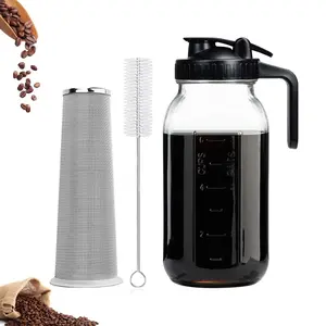Cold Brew Coffee Maker, 64OZ Wide Mouth Mason Jar Pitcher with Stainless Steel Filter, Pour Spout Handle Lid, Heavy Duty Glass Airtight & Leak-Proof