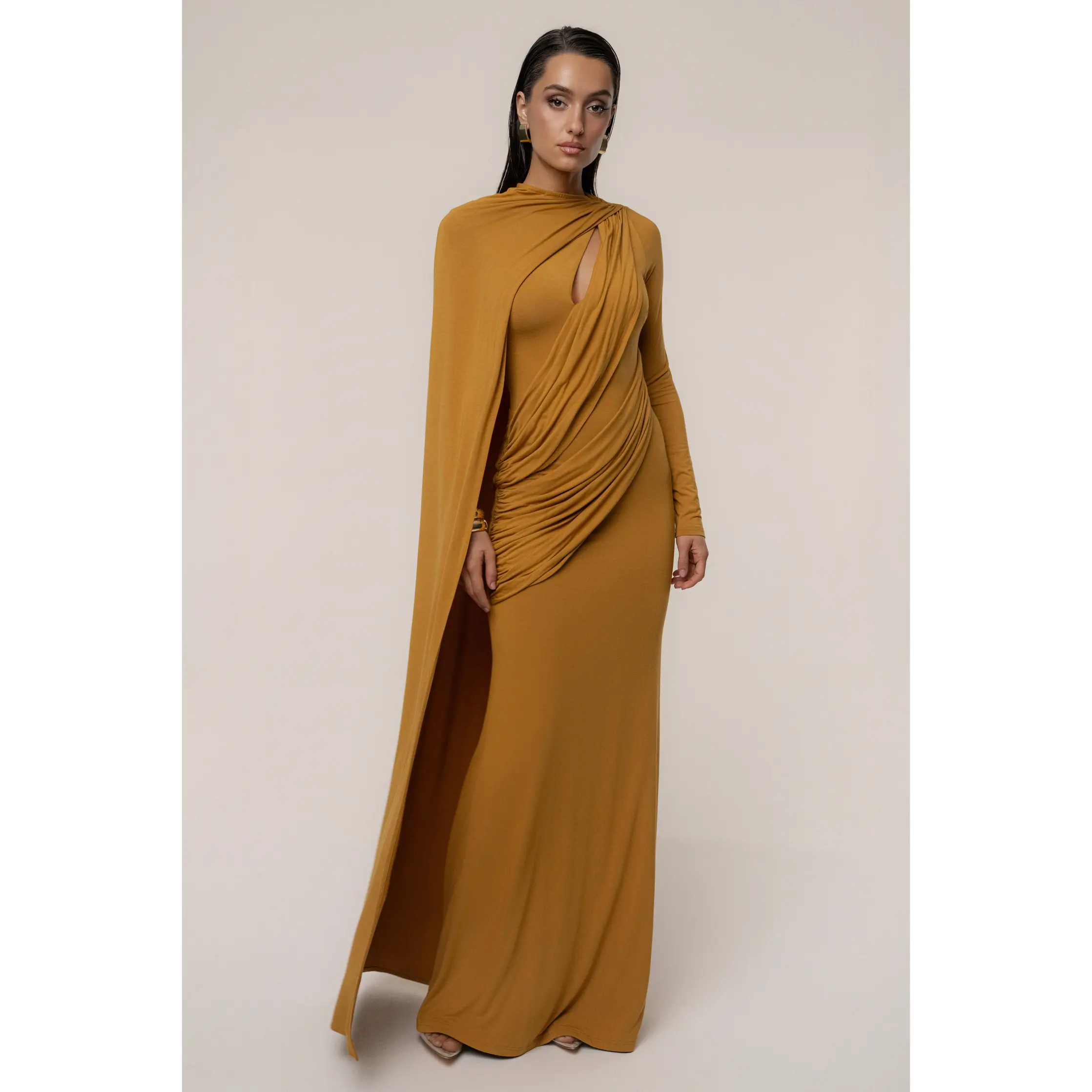 Gold Draped Elegance Cape Dress