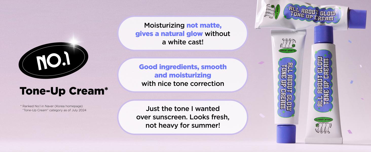 CHASIN' RABBITS All About Glow Tone-up Cream 1.69 fl. Oz, Natural Makeup Base, No Makeup Natural Look, Glow Skin, Long-Lasting Hydrating, Soft Texture, Vegan, Face & Body, K Beauty