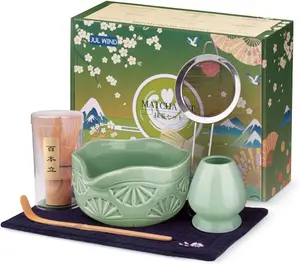 Matcha Whisk Set, Ceramic Matcha Set Includes Matcha Bowl with Spout, Matcha Whisk and Holder, Bamboo Scoop, Sifter and Tea Towel - 6 Pcs Matcha Kit Gift for Matcha Lovers (Green)