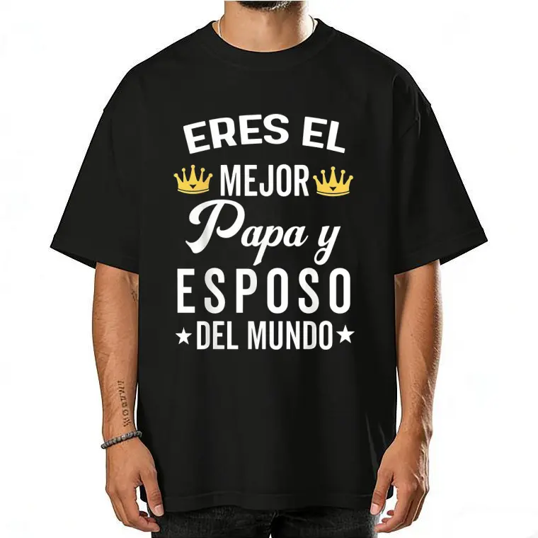 Men's Cotton Seamless Casual Round Neck Graphic Print T-Shirt - Spanish Dad Life Humor Top, Foldable Soft Smooth Fabric with "Eres El Mejor Papa y Esposo Del Mundo" Digital Print, Machine Washable, All Seasons Menswear
