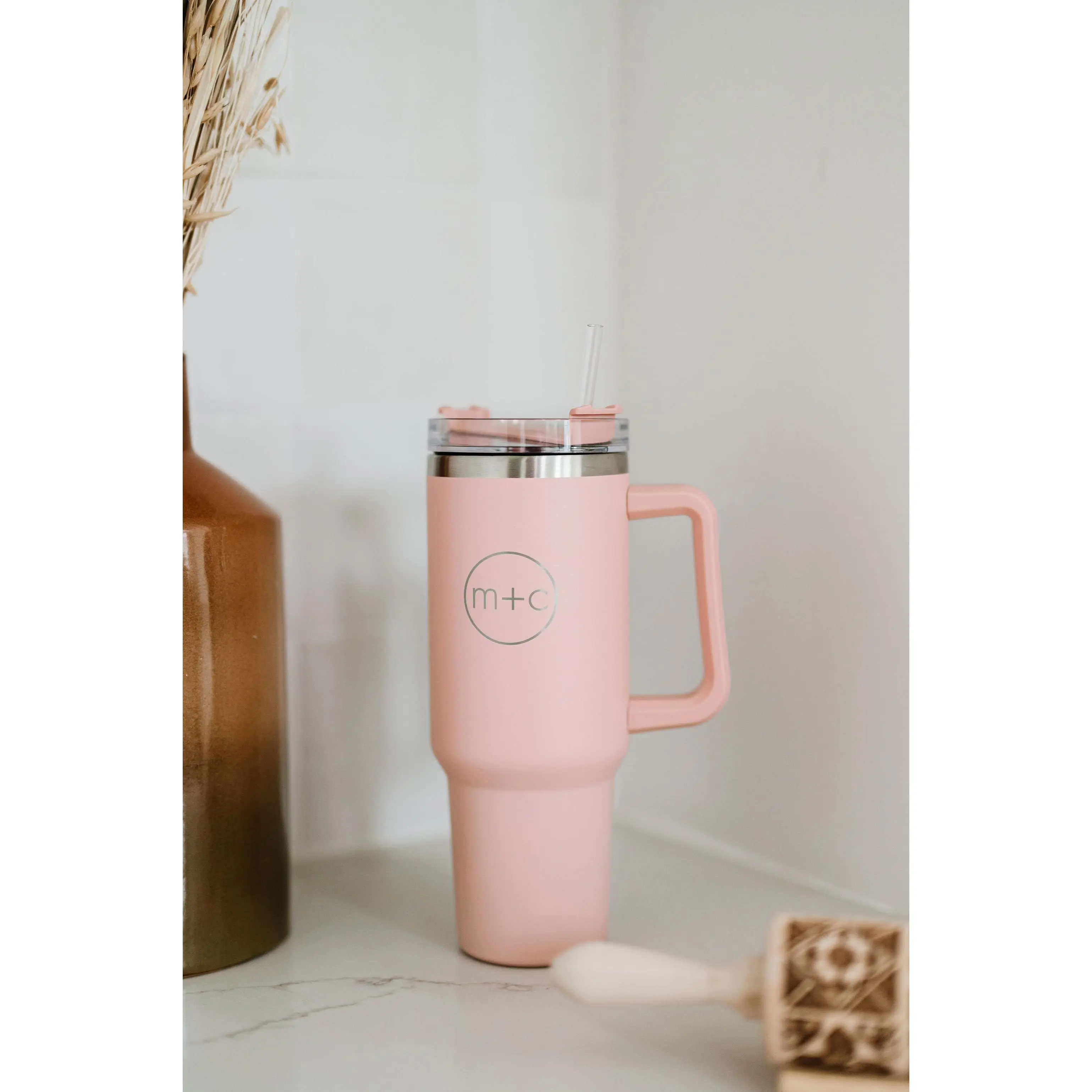 M+C 40 Oz Stainless Steel Insulated Tumbler with Embossed Logo, Convertible Lid and Straw - Portable Stainless Water Bottle, Final Sale
