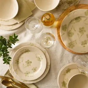 12-Piece Dinnerware Set for 4 - Hand-Painted Portuguese Stoneware - Porto Petals - Green Orchid