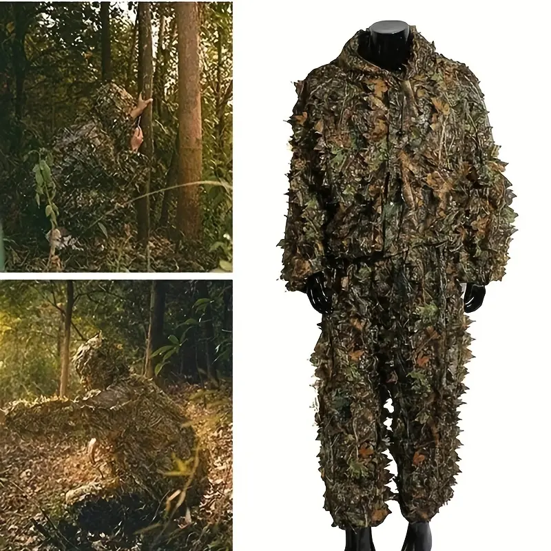 Unisex Adult Universal Ghillie Suit, Outdoor Jungle Leaf-Patterned 2-Piece Set with Hooded Jacket and Pants for Hunting, Unisex Wear, Two-Pieces