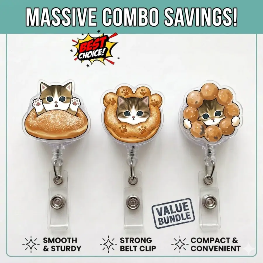 [Best Value Bundle] Kawaii Donut Kitty Badge Reel - Cute Kitten Enjoying Donut Treats ID Holder For Daily Work - Compact Accessory