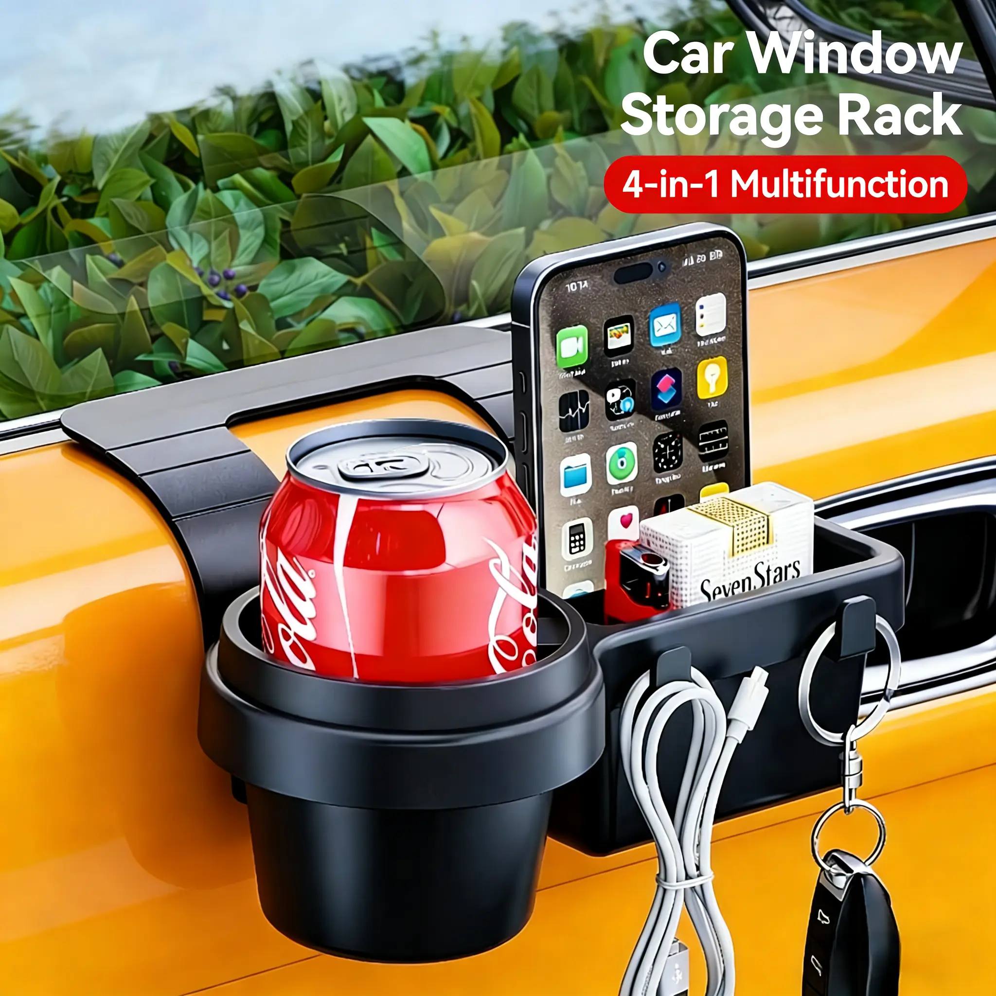 4-in-1 Extra Car Door Cup Holder & Storage Tray - Hanging Drink Organizer for Coffee  Fits Most Vehicles, Trucks Top Car Interior Accessories & Must Haves