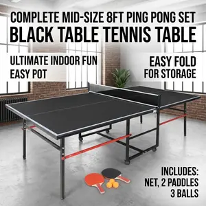 Ping Pong Table Foldable Table Tennis Table 8ft Mid-SizePortable Indoor Game Set with Net 2 Paddles and 3 Balls for Game Room Family Fun Office Recreation Space Saving Design Black Professional Home Sports Equipment