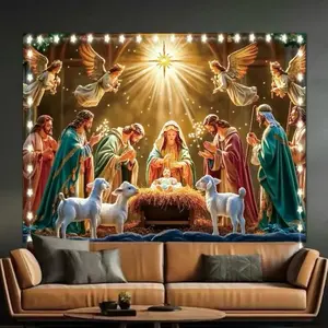 Starry Night Christmas Banner with Angelic Scene and Holy Family for Festive Decor - Vibrant Nativity Scene for Home and Office