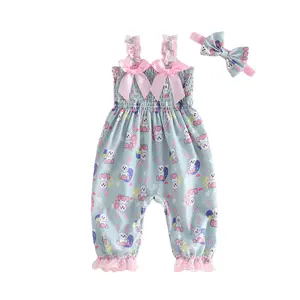Canrulo 2Pcs Infant Baby Girl Easter Outfit Cute Bunny Print Sleeveless Smocked Jumpsuit and Headband Set