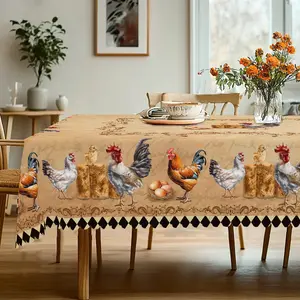 1pc Rustic Farmhouse Rooster Tablecloth, Vintage Rooster Theme Table Cover, Rectangular&Round Tablecloths For Parties, Picnics, Cafes & Family Gatherings, Durable Polyester Decorative Table Cloth Setting, Room Decor, Kitchen Accessories table  linens