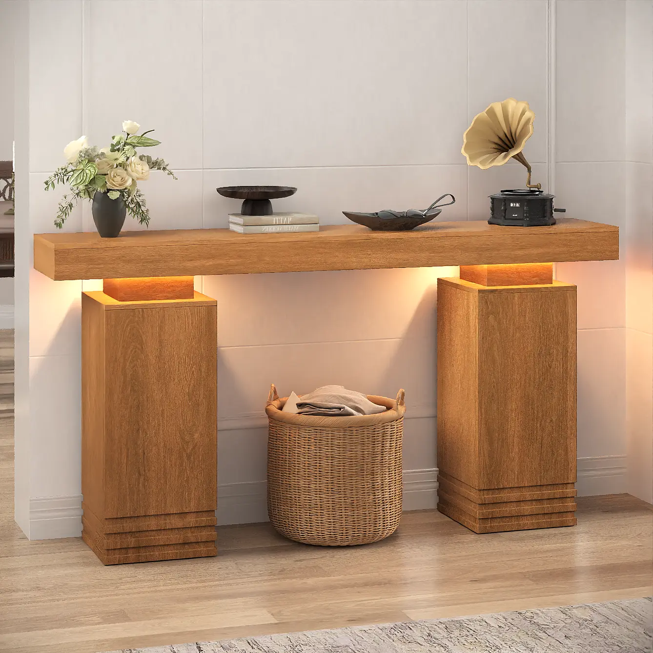Sikaic 63 Inches Console Table with Storage Shelf, Wooden Entryway Table for Living Room, Walnut Brown Sofa Table